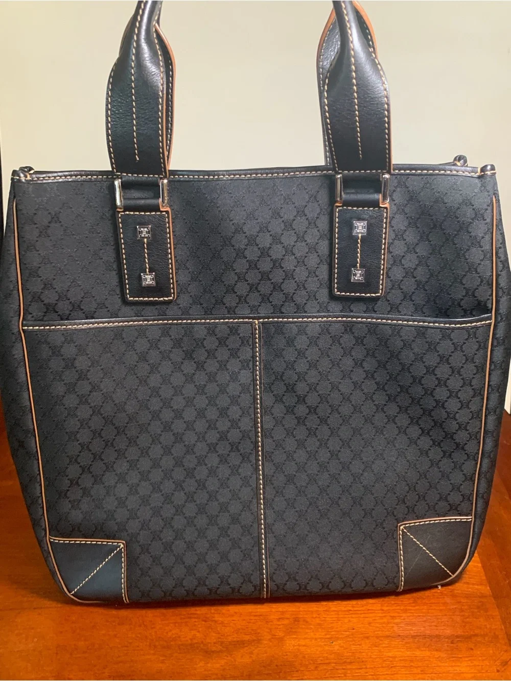 Celine Macadam Tote Handbag Black Canvas Leather
